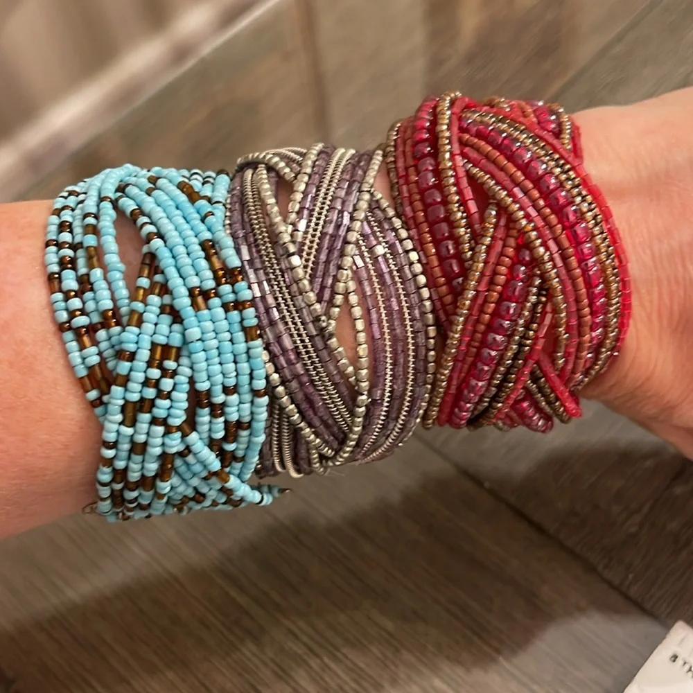 Vintage Style Seed Bead braided Memory Wire  Bracelets  Red, Purple, Blue